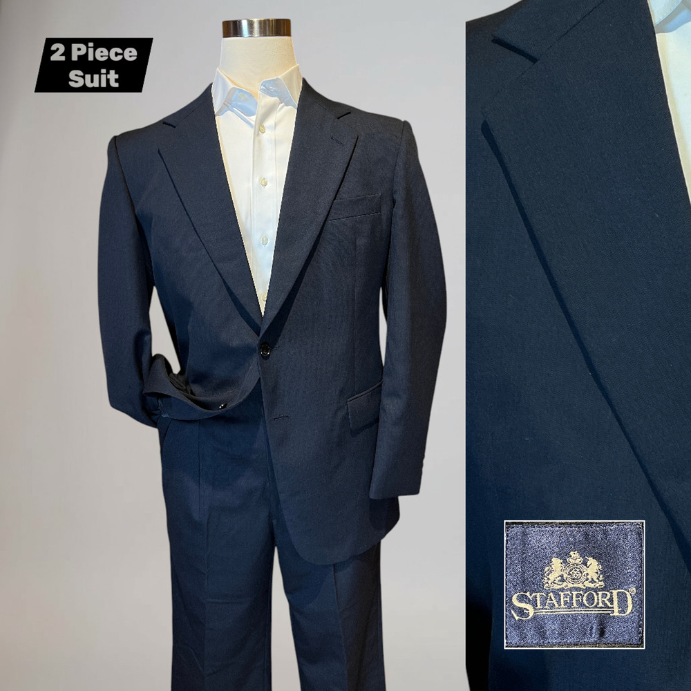 Stafford 42L 34x37 RAW HEM Dark Navy Blue Ghost Micro-Stripe Wool Suit Note
